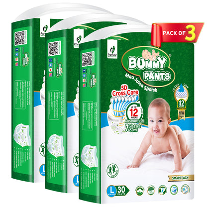 Baby Diaper in L size, 90 Count, Anti-Rash, 12Hrs Protection, 9-14kg (Pack 3)